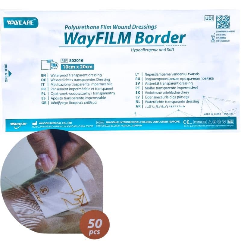 WAYCARE Wayfilm 802016 Adhesive Transparent Waterproof Dressing 10x20cm - 50 Pieces