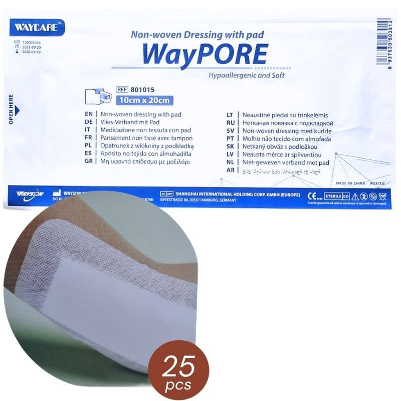 WAYCARE Waypore 801015 Adhesive Non-Woven Dressing with Pad 10x20cm - 25 Pieces