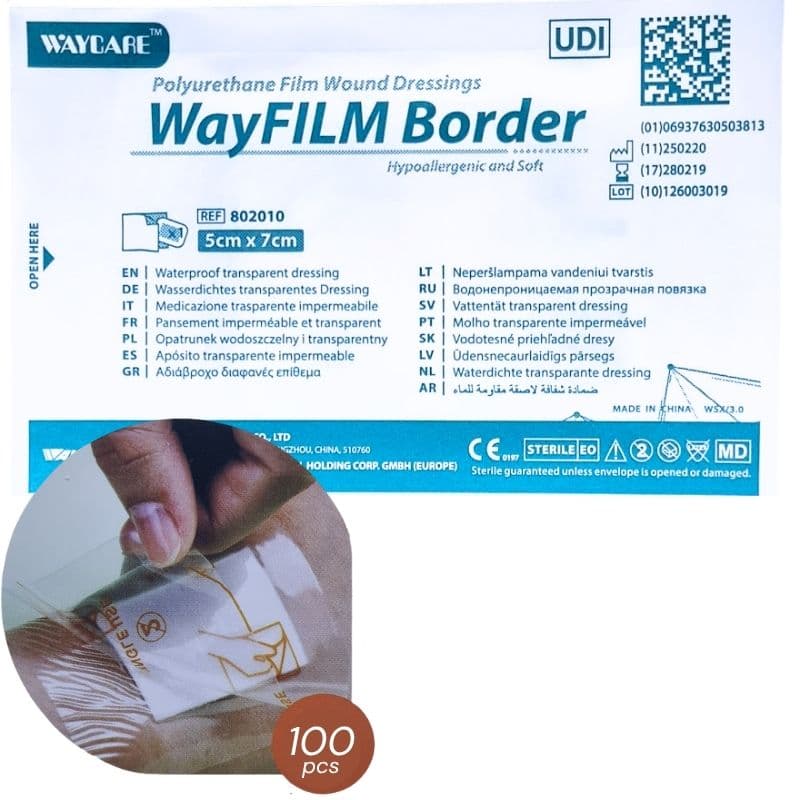 WAYCARE Wayfilm 802010 Adhesive Transparent Waterproof Dressing 5x7cm - 100 Pieces