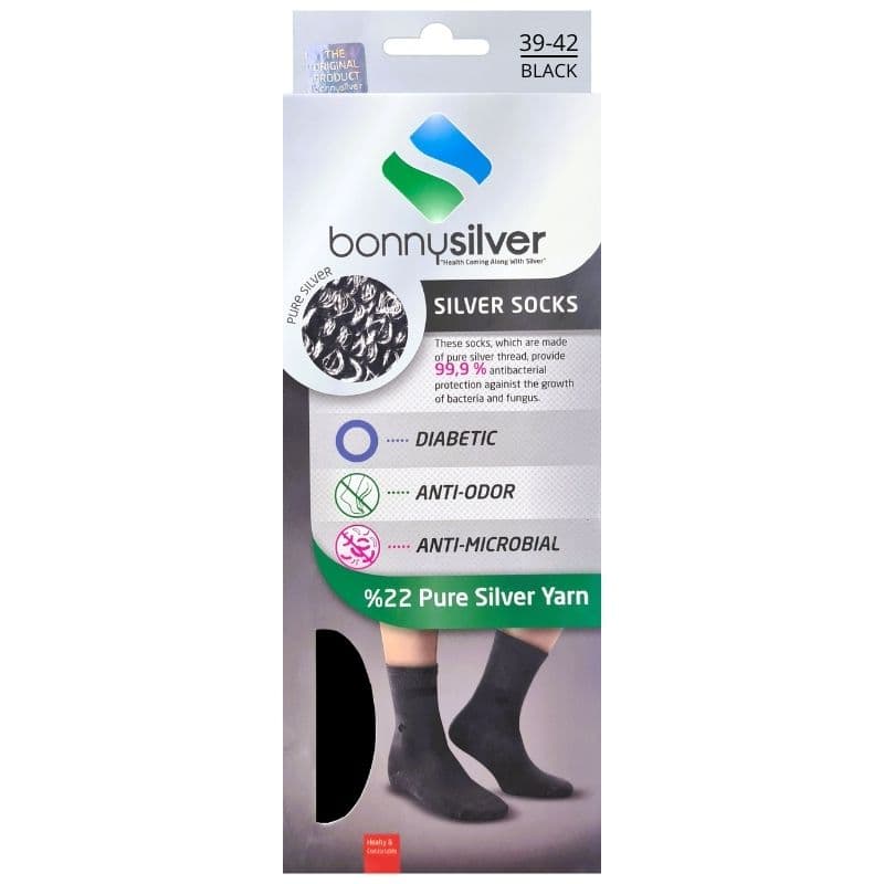 BONNYSILVER Diabetic Socks 22% Pure Silver Yarn 39-42 Black Full Protection - 2 Pieces